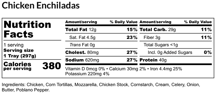 Nutritional Facts - Chicken Enchiladas 6oz